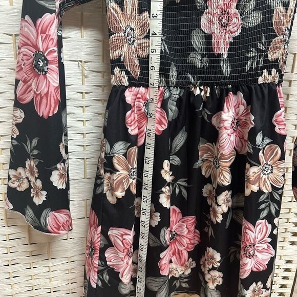 SHEIN LUNE Off Shoulder Frill Trim Shirred Black Floral Dress size small women’s - Picture 7 of 9